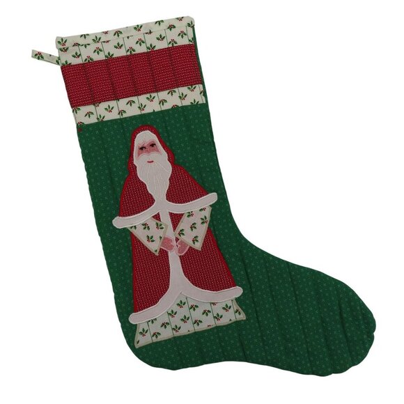 Handmade Other - Vintage Handmade Santa Claus Papa Noel Quilted Christmas Stocking Red Green Xmas
